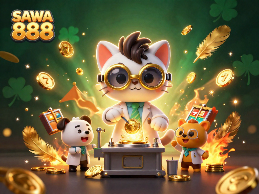 SAWA 888 showcases a lively scene of a mad scientist cat and assistant dog amidst vibrant casino elements.