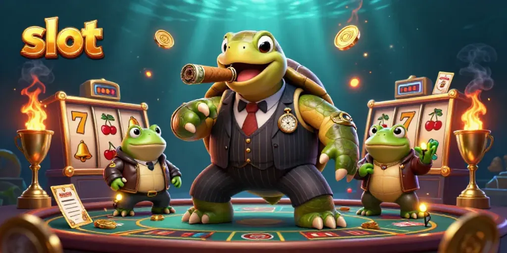 Catch jackpots with slot reels and characters in an exciting casino scene.