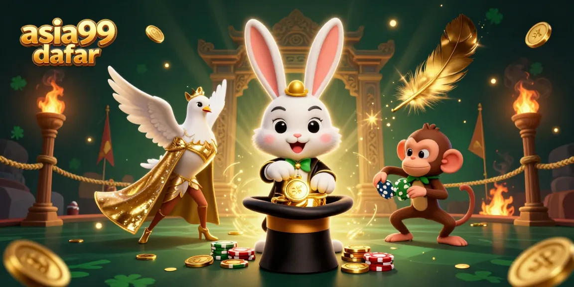 Experience asia99 daftar with a vibrant scene of a magician rabbit and playful characters in a dynamic casino setting.