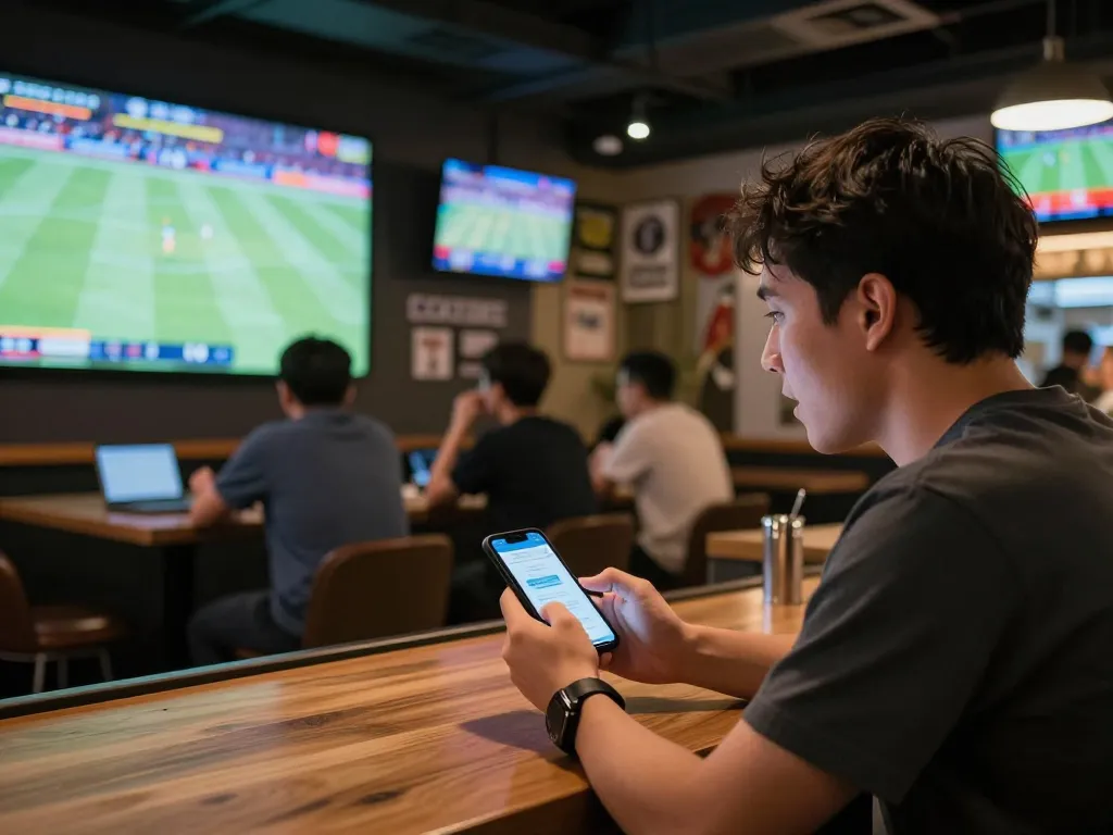 Soi Kèo sports betting scene with user engaged in live betting, vibrant bar atmosphere