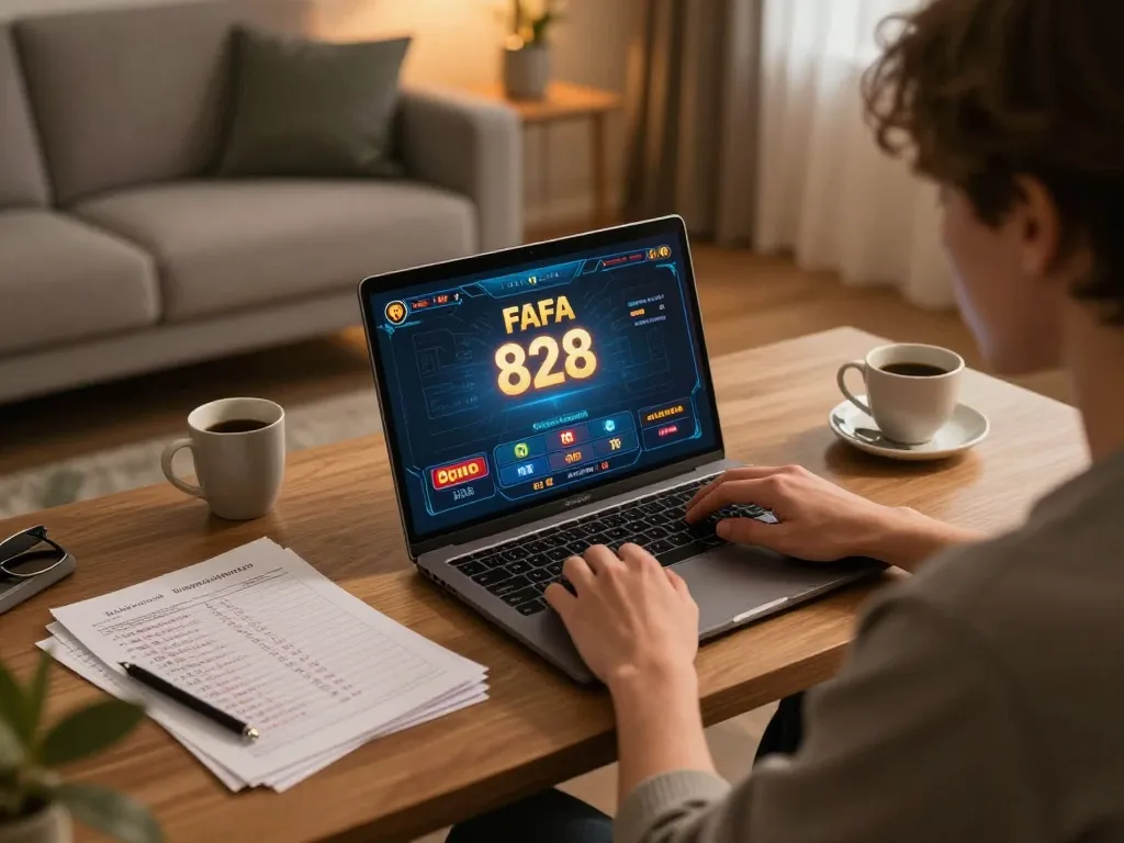 Engaging gameplay on FAFA 828 in a cozy home setup with a laptop and notes.