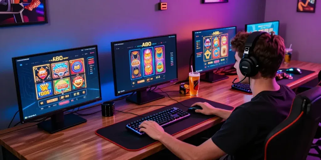Engaged player using the A80 gaming platform with vibrant game graphics and accessories.