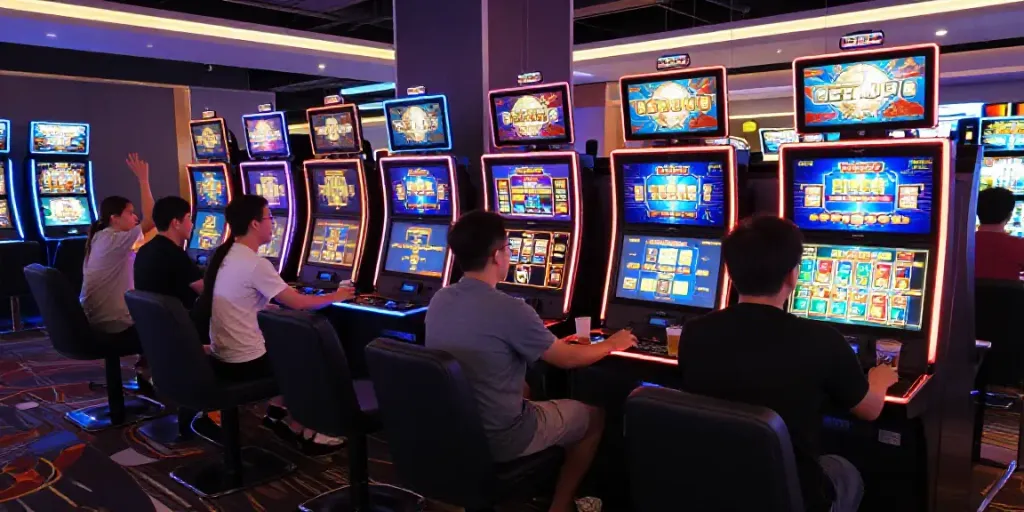Players enjoying loket88 slot games in a vibrant online gaming setting.