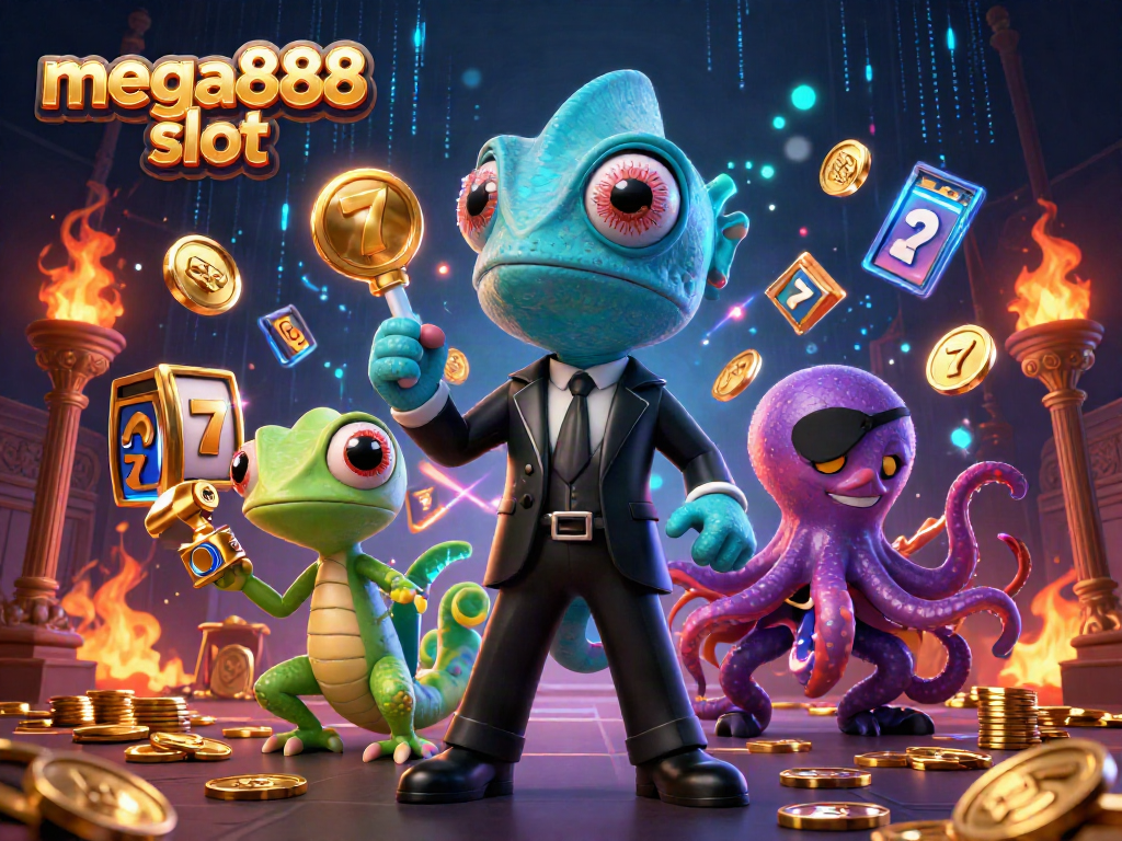Experience the thrill of mega888 slot with animated characters amidst vibrant casino elements.