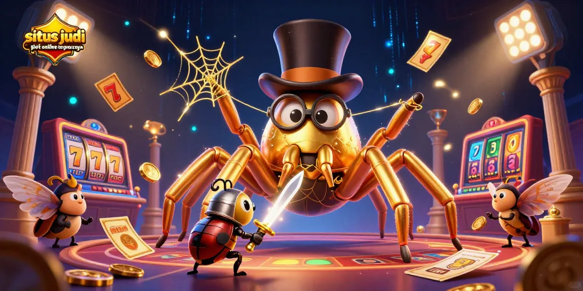 Engage with situs judi slot online terpercaya's golden tarantula and beetle knight in an enchanting casino scene.