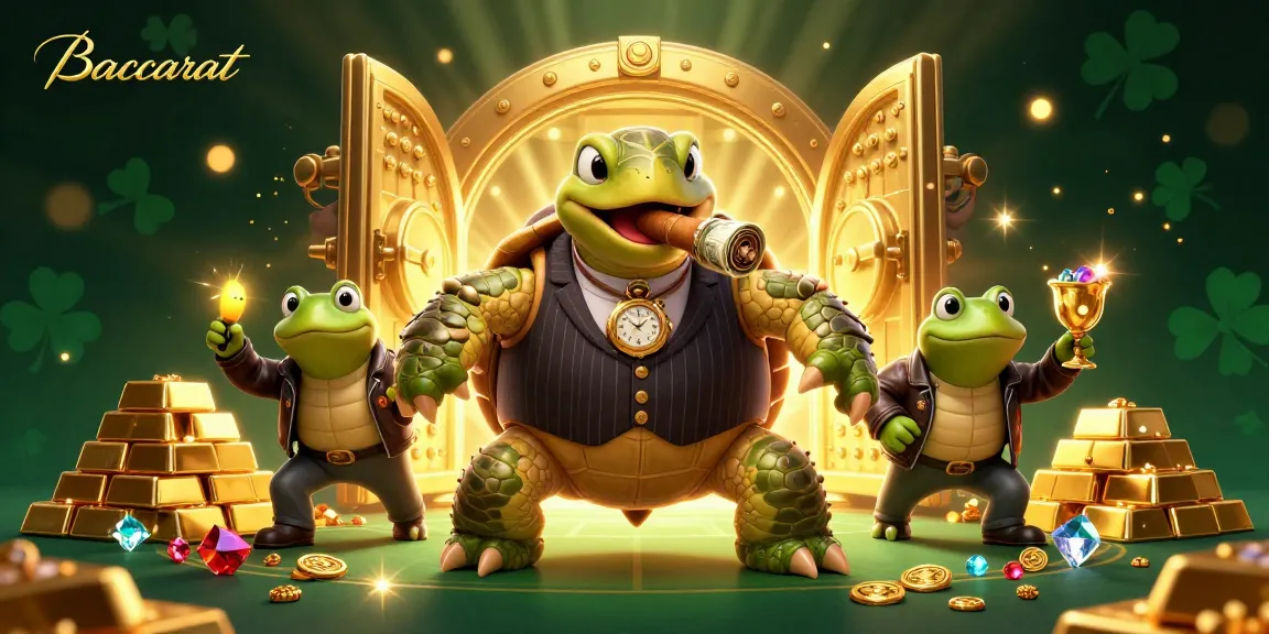 Baccarat-themed scene with a vintage snapping turtle mobster and bullfrog enforcers amidst treasures and sparkles, creating a dynamic casino atmosphere.