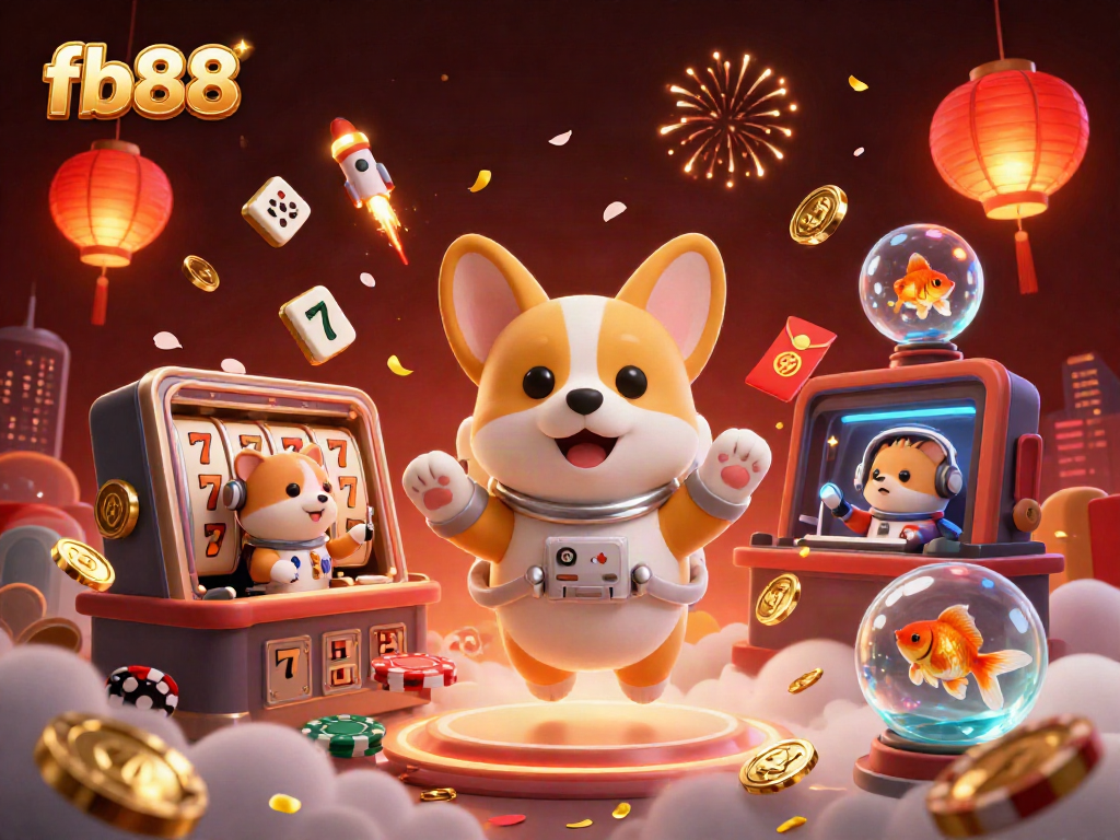 fb88 showcases an exciting casino scene with an astronaut corgi, surrounded by slot reels and vibrant game elements.