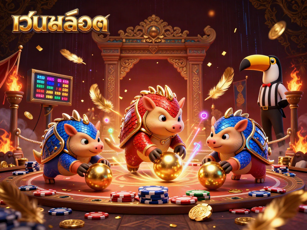 Engage in เว็บสล็อต excitement as pangolins duel in a vibrant 3D casino scene.