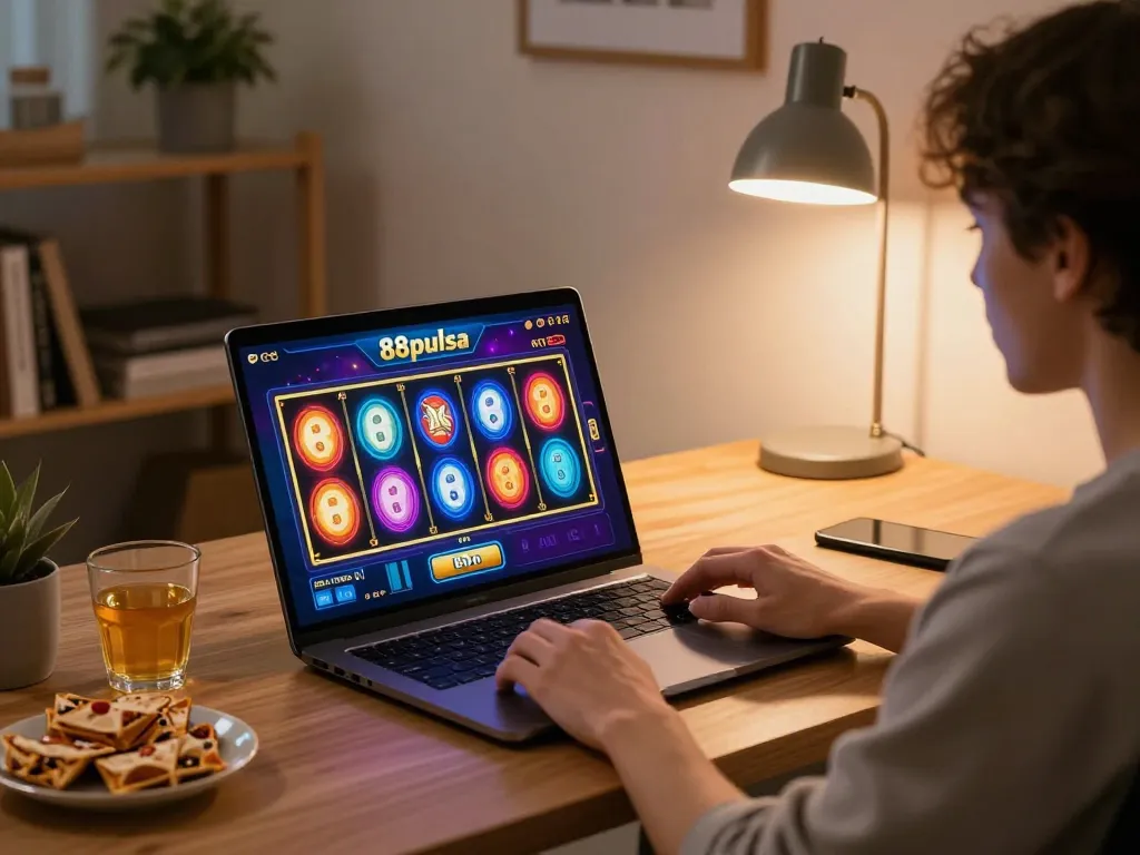 Play the exciting 88pulsa slot on a stylish laptop in a cozy home office environment.
