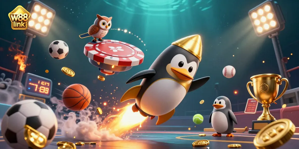 Engage with the w88 link for thrilling betting action, featuring a golden penguin and sports elements in a dynamic casino setting.