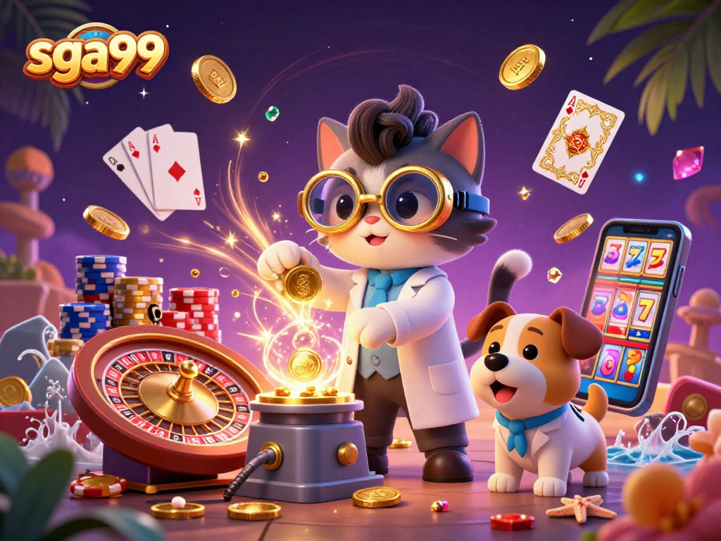 Engage with sga99 as golden coins cascade around a mad scientist cat and assistant dog in a dynamic casino setup.