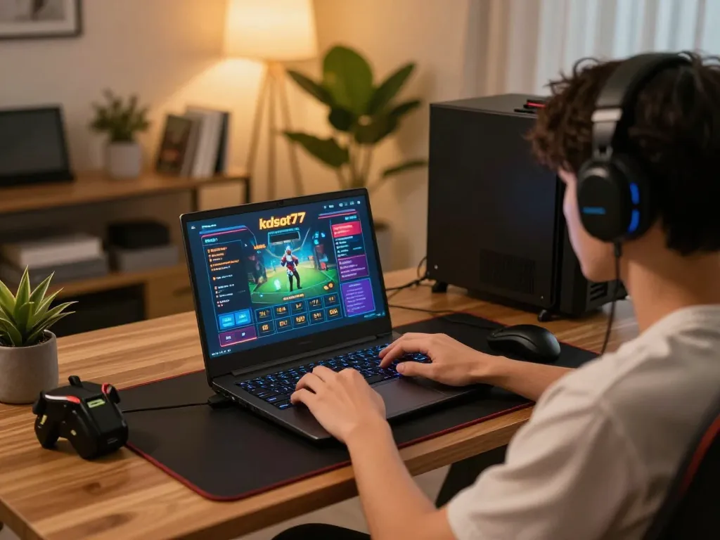Engaging scene of a player using kdslot77 online casino platform in a cozy home office.