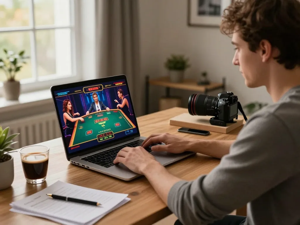 Player enjoying KP88 online casino game at home, engaged with live dealer interface and strategy notes.