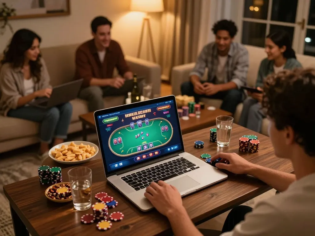 Players enjoying online poker on okwin while surrounded by friends in a cozy atmosphere