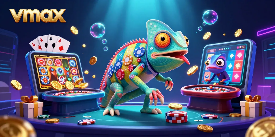 Play the best games at vmax, featuring vibrant casino elements and a dynamic chameleon mascot.