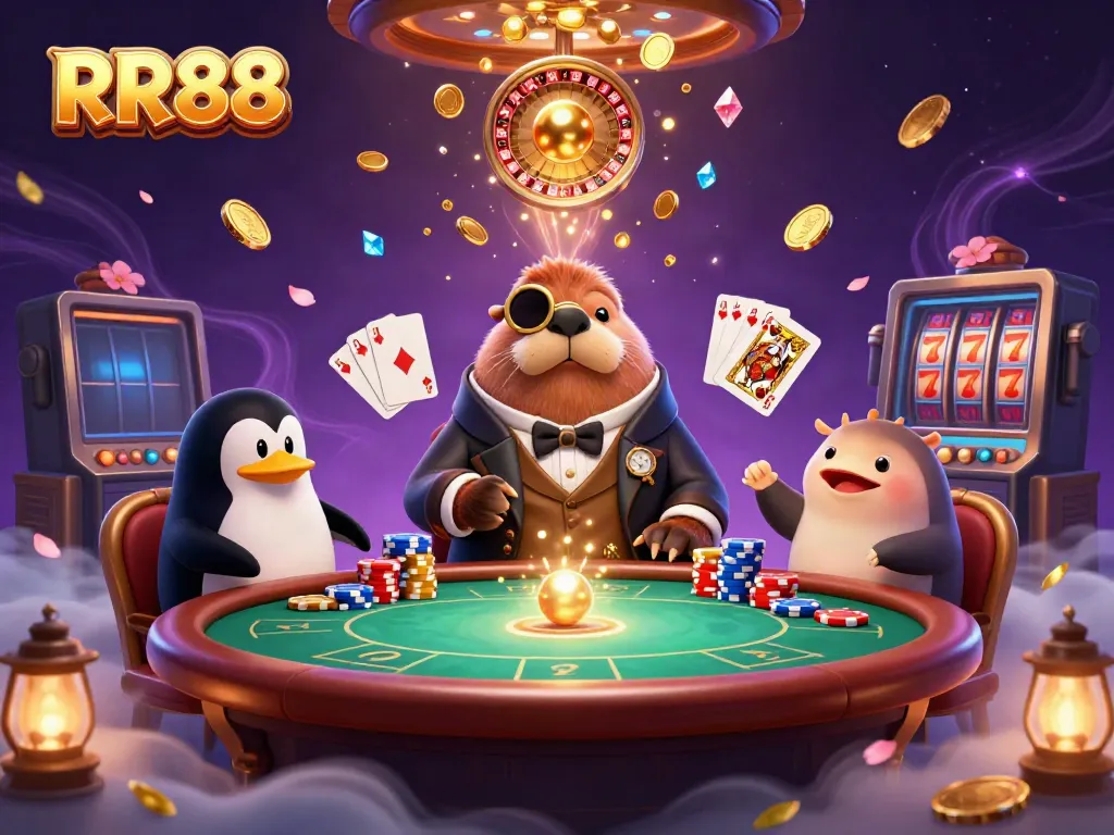 Experience exciting poker action with RR88's whimsical illustration featuring a walrus, penguin dealer, and pufferfish bluffing.