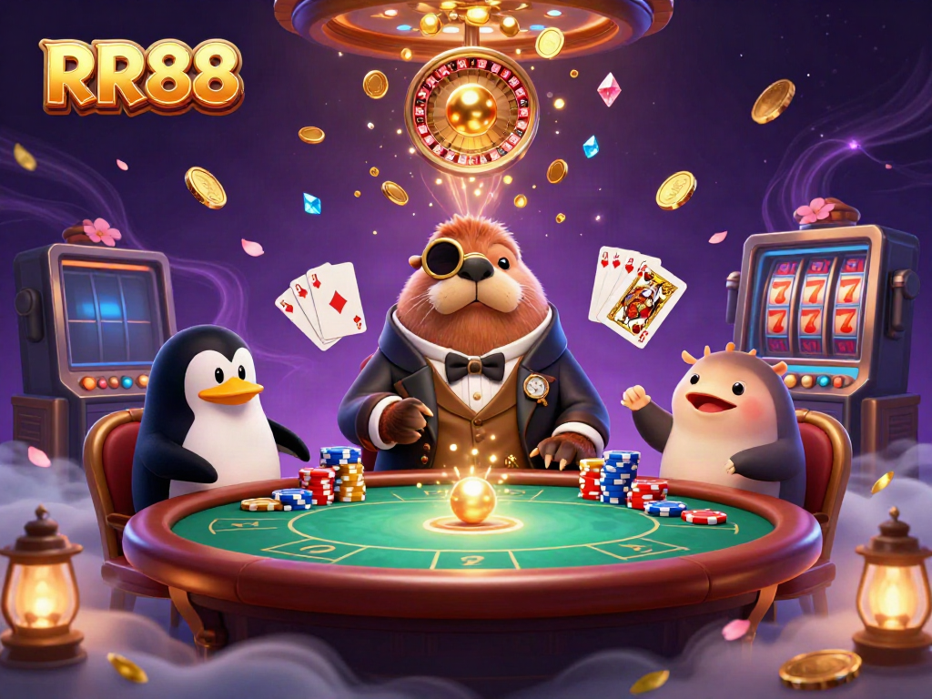 Experience exciting poker action with RR88's whimsical illustration featuring a walrus, penguin dealer, and pufferfish bluffing.