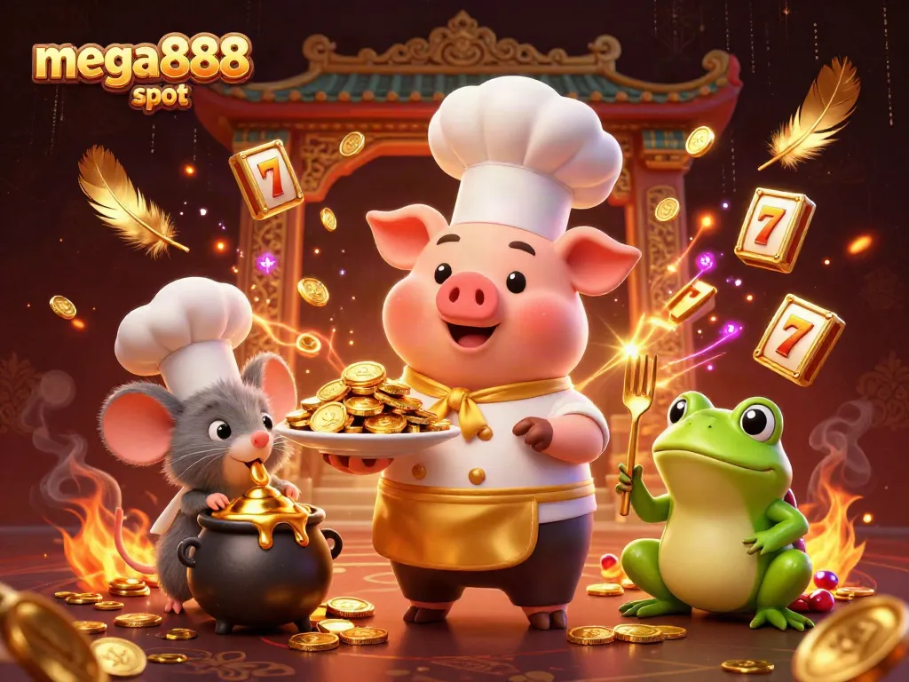 Experience thrilling action with mega888 slot as our chef pig serves gold coins in a vibrant casino scene.
