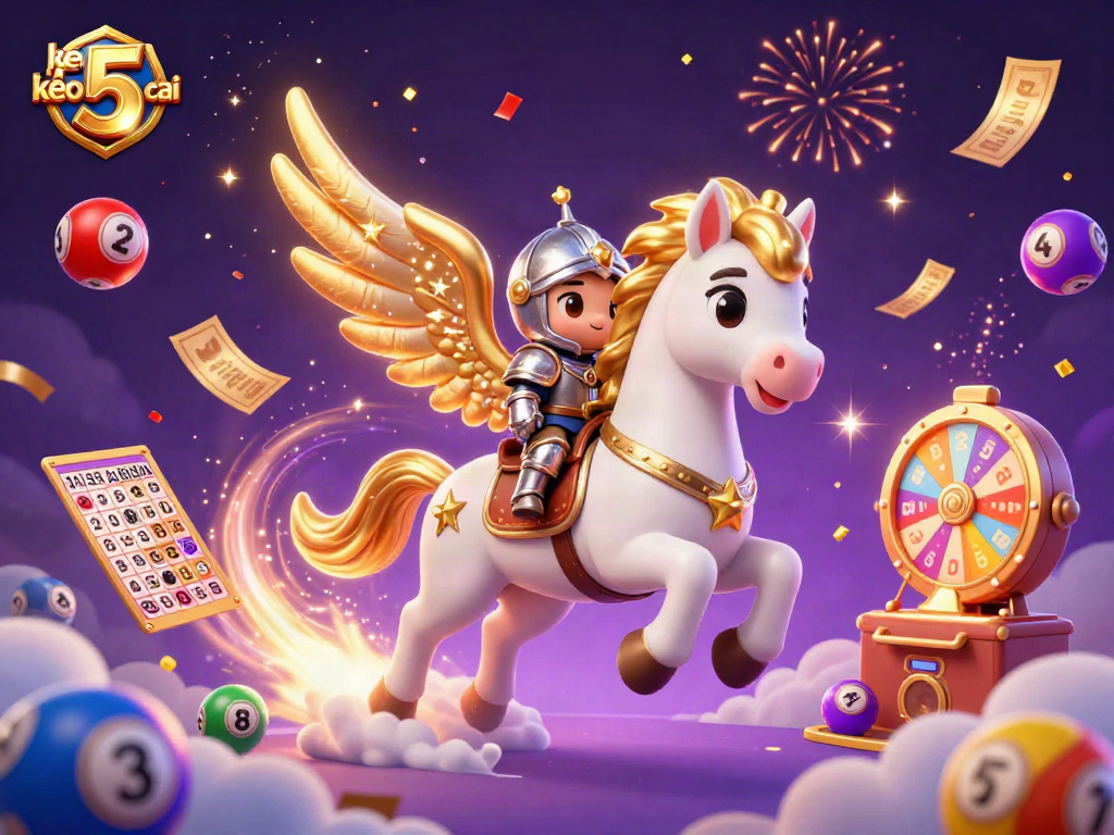 Engage with the vibrant keo nha cai 5 scene featuring dynamic lottery balls and a celestial horse.