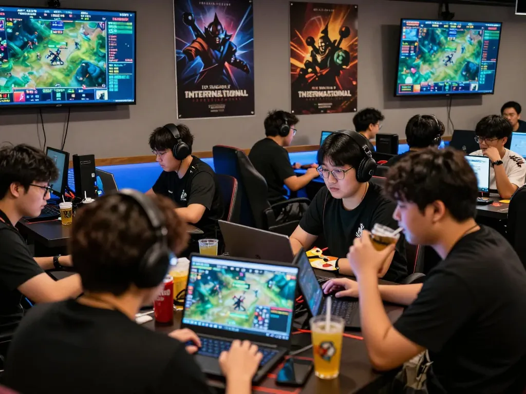 Engaged Dota 2 fans at GGLBet Singapore discussing betting strategies and live match updates.
