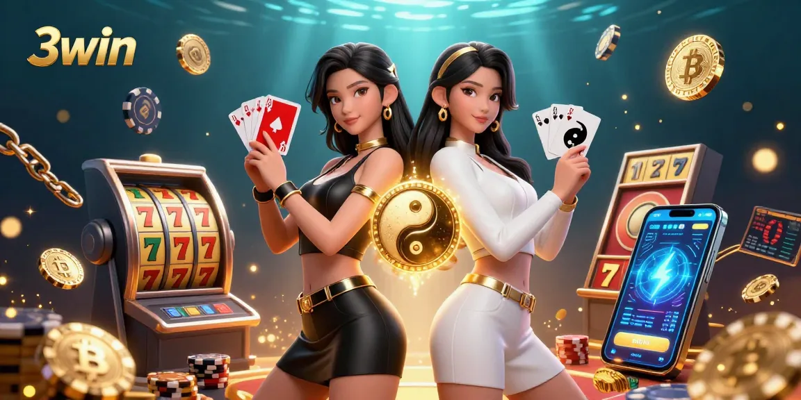 Experience the thrill of 3win casino with stunning twin Asian women showcasing their playing cards.