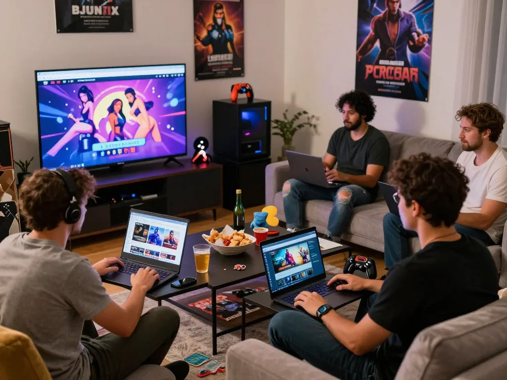 Group of adults enjoying porngames together in a cozy living room