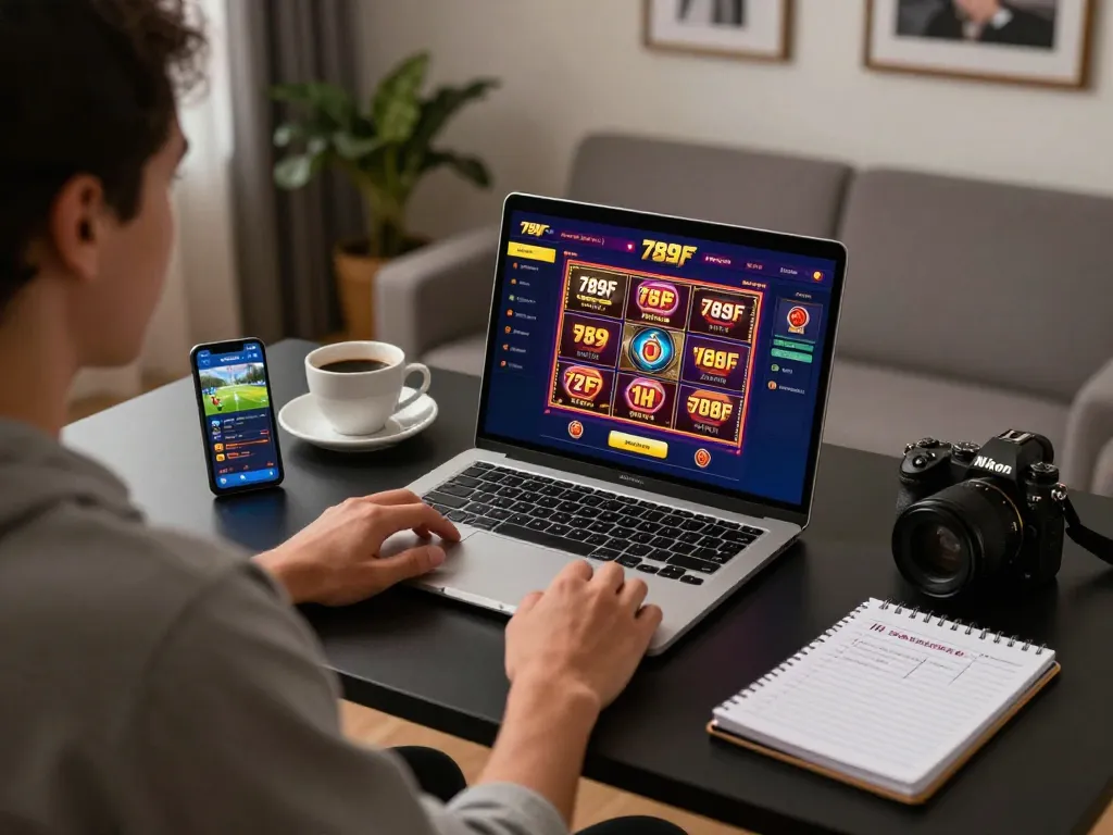 Engaging online gaming setup showcasing 789F casino interface on a sleek laptop.