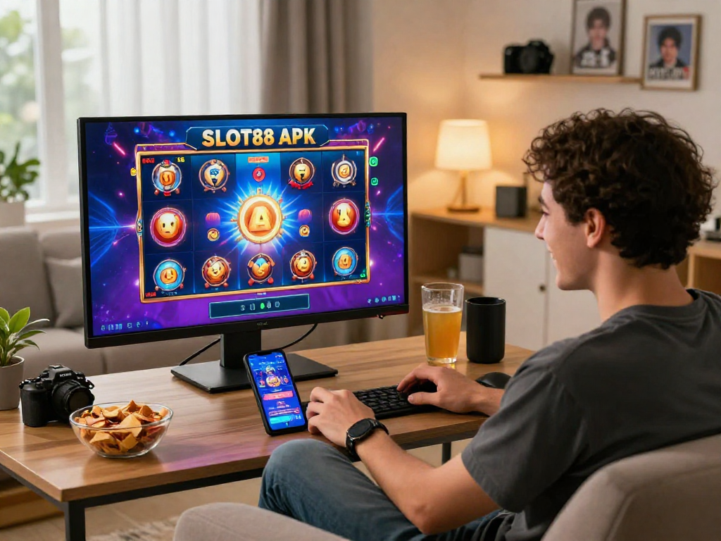 SLOT88 APK user enjoying vibrant online slot games in a modern living room setting.