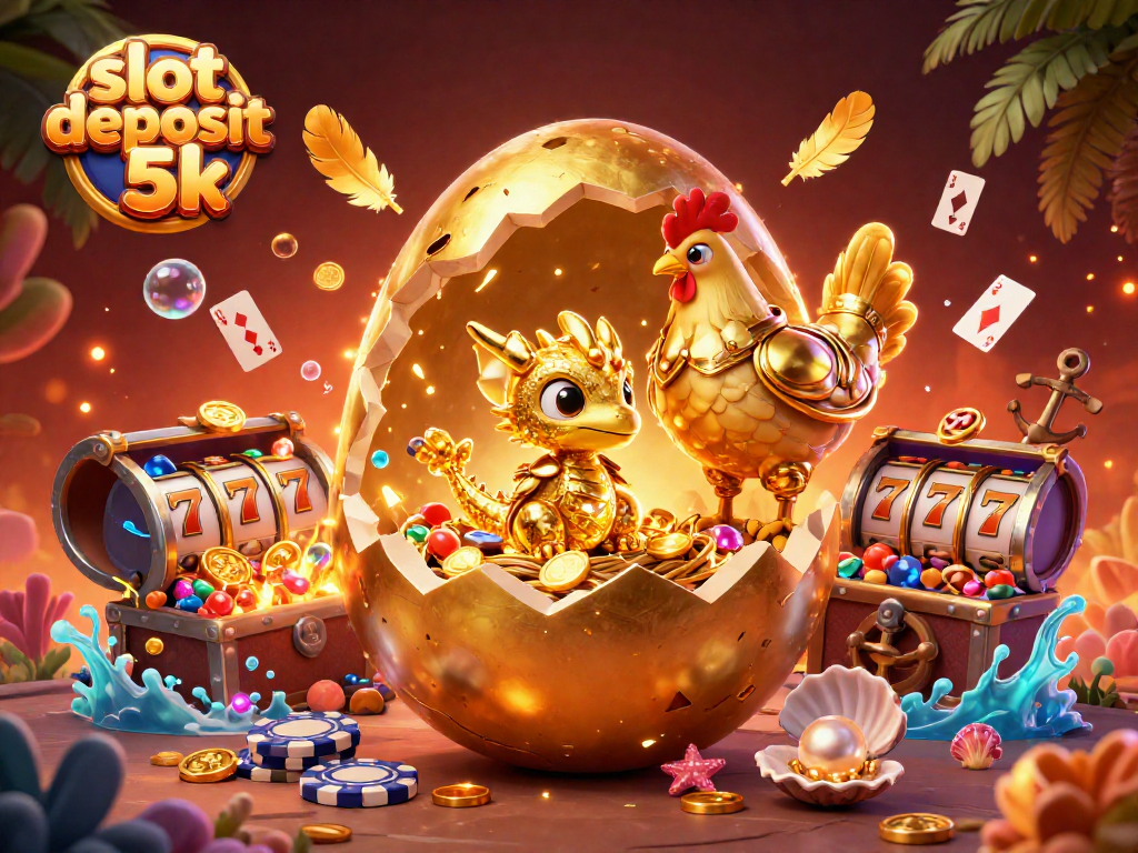 Experience the excitement of slot deposit 5k with a dynamic 3D casino scene featuring a golden dragon and gaming elements.