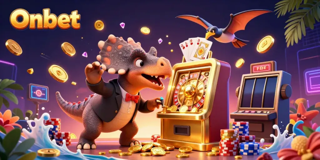 Onbet features a pachycephalosaurus winning jackpot coins from a slot machine in a vibrant casino scene.