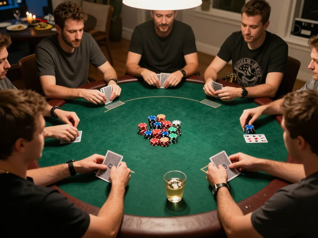 Players strategizing during a lively poker game at home showcasing a competitive spirit around to188.