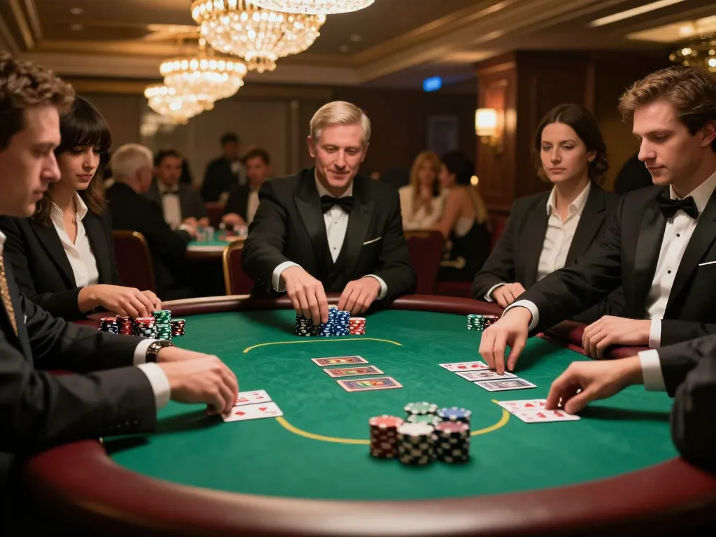 TT88 players engaged in high-stakes poker at a luxurious casino table, showcasing thrill and strategy.