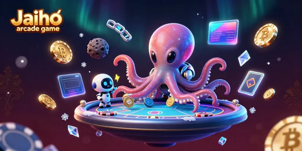 Experience thrilling gameplay with the Jaiho arcade game featuring an alien octopus at a holographic poker table.
