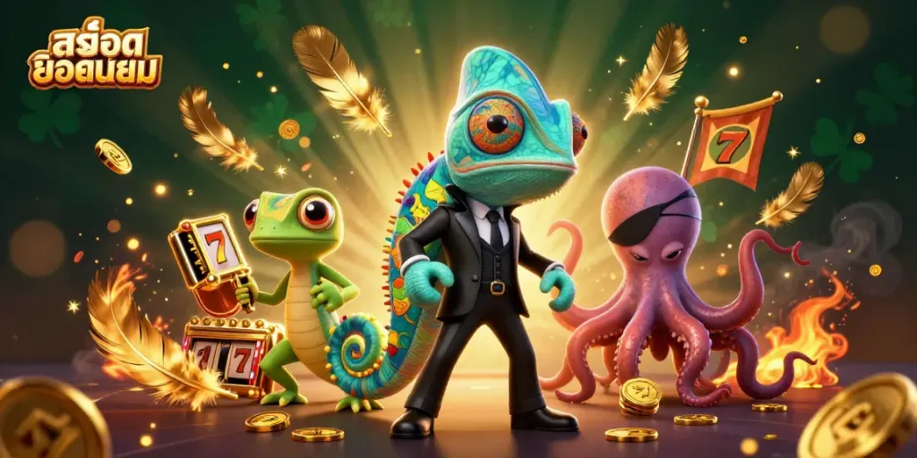 Experience excitement with สล็อตยอดนิยม, showcasing a dynamic scene of winning slots and thrilling characters.