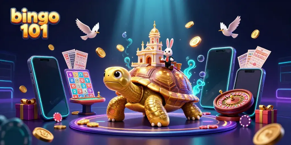 Experience bingo 101 with a lively 3D scene featuring a golden tortoise casino, rabbit dealer, and vibrant game elements.