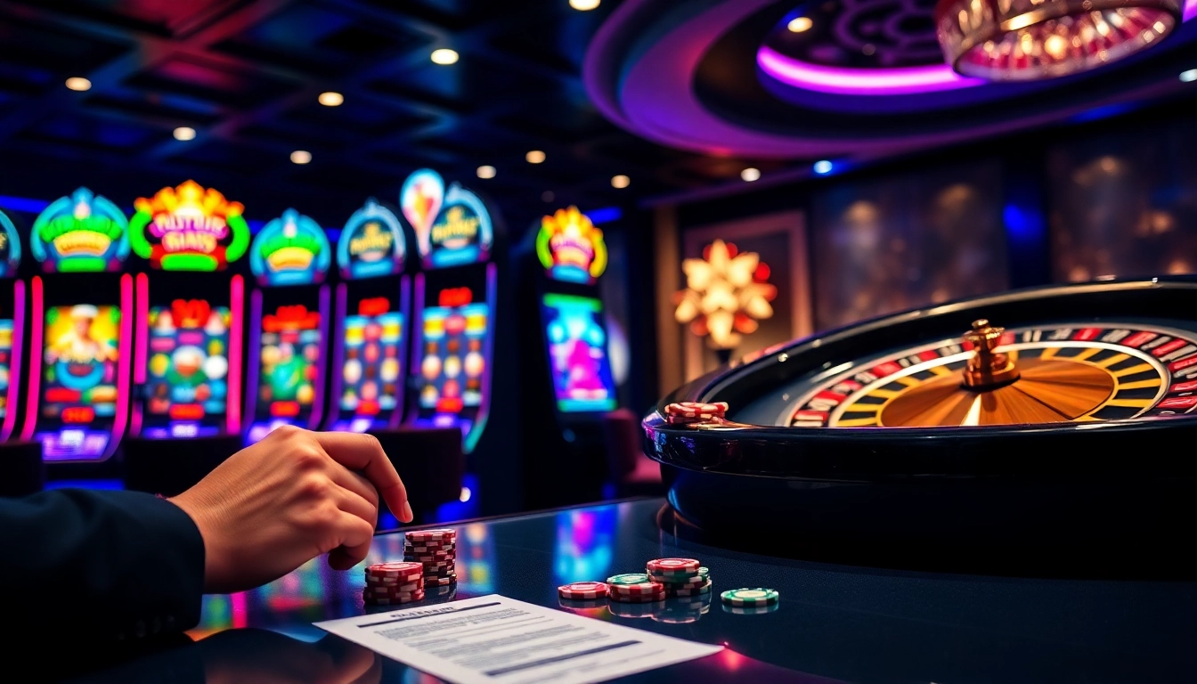 Engaging player enjoying a vibrant slot online experience at a luxurious casino.