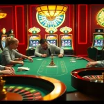 Exciting scene of TRANG GAME B8 at a luxurious casino with poker tables and vibrant slot machines.