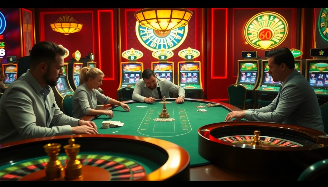 Exciting scene of TRANG GAME B8 at a luxurious casino with poker tables and vibrant slot machines.