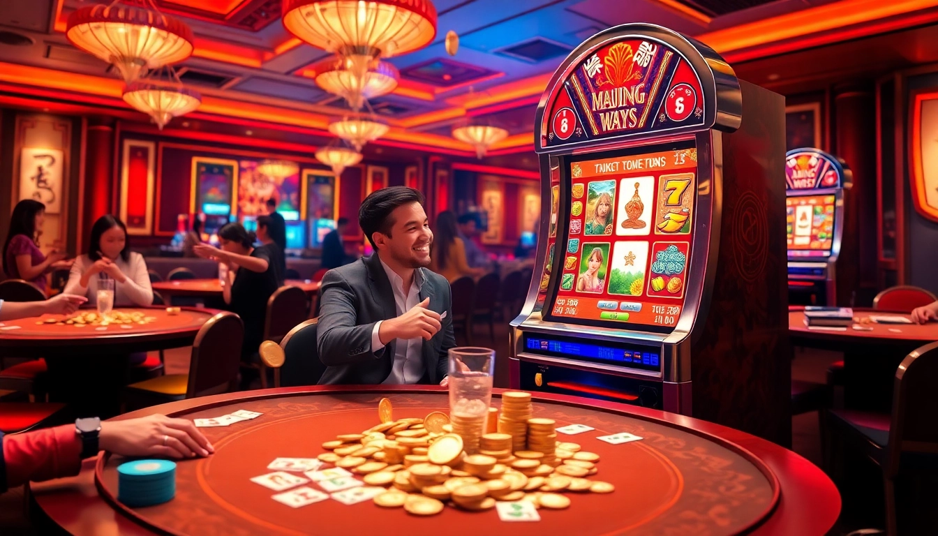 Engage in the thrill of slot mahjong ways as a player wins big at a vibrant casino slot machine.