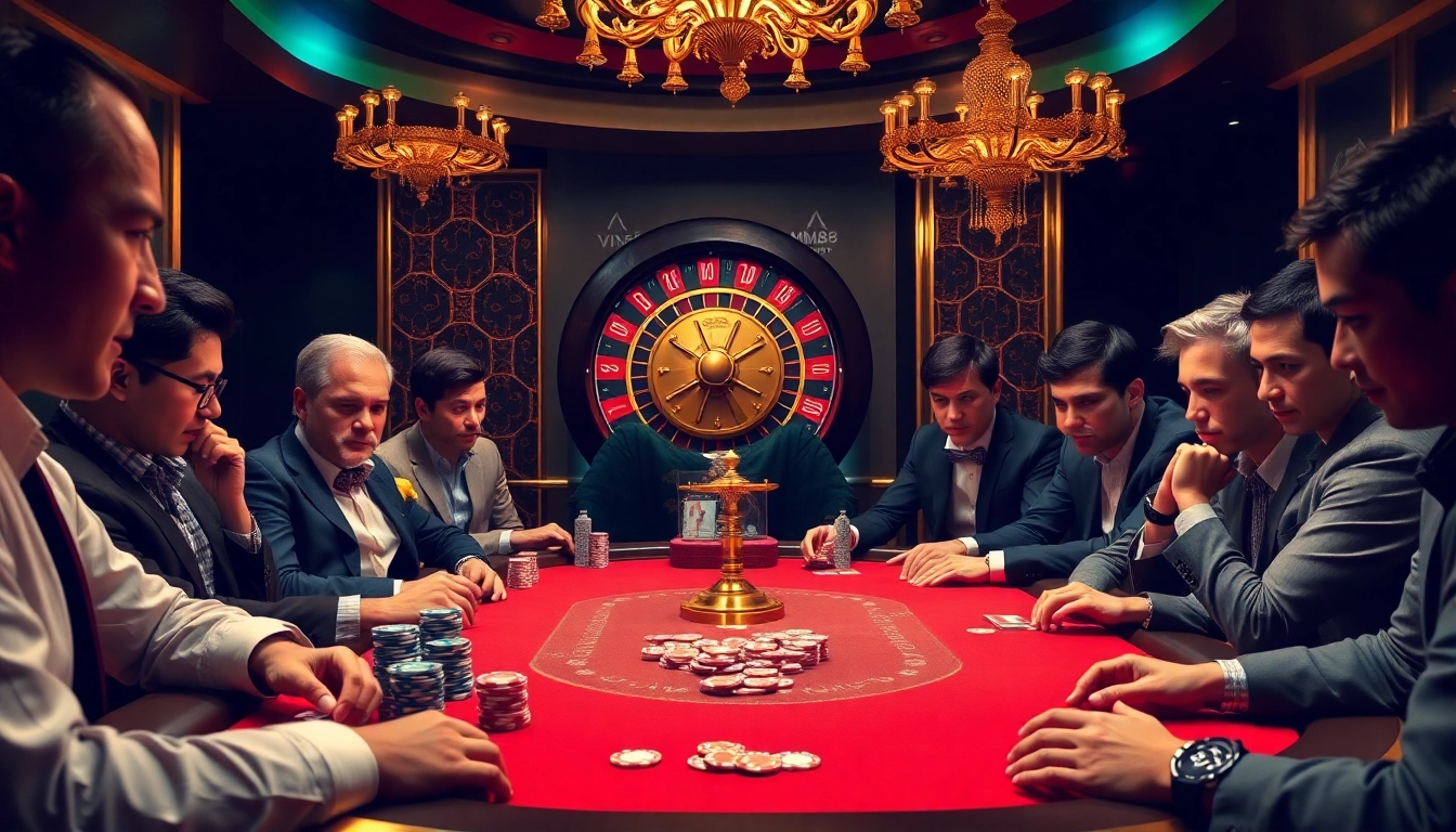 Engaged players at a luxurious mm88 com poker table, showcasing vibrant casino excitement.