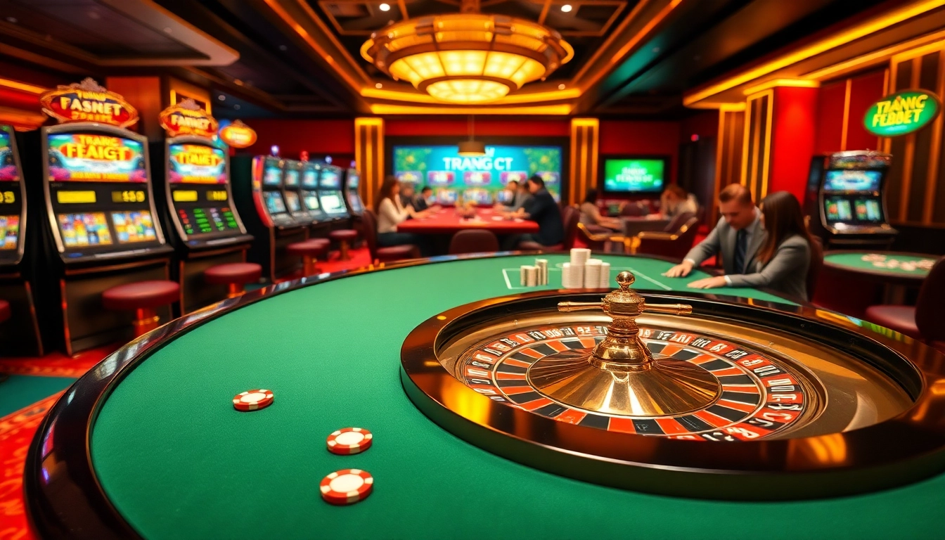 Experience thrilling gameplay at TRANG CHỦ FEBET with luxurious casino visuals featuring roulette and poker.