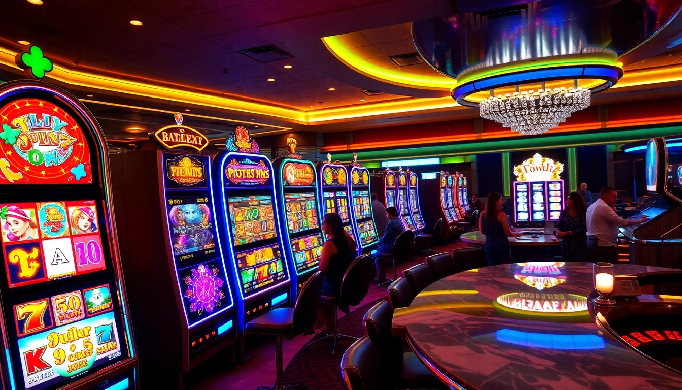 Excited players spinning slot machines in a glamorous casino setting.