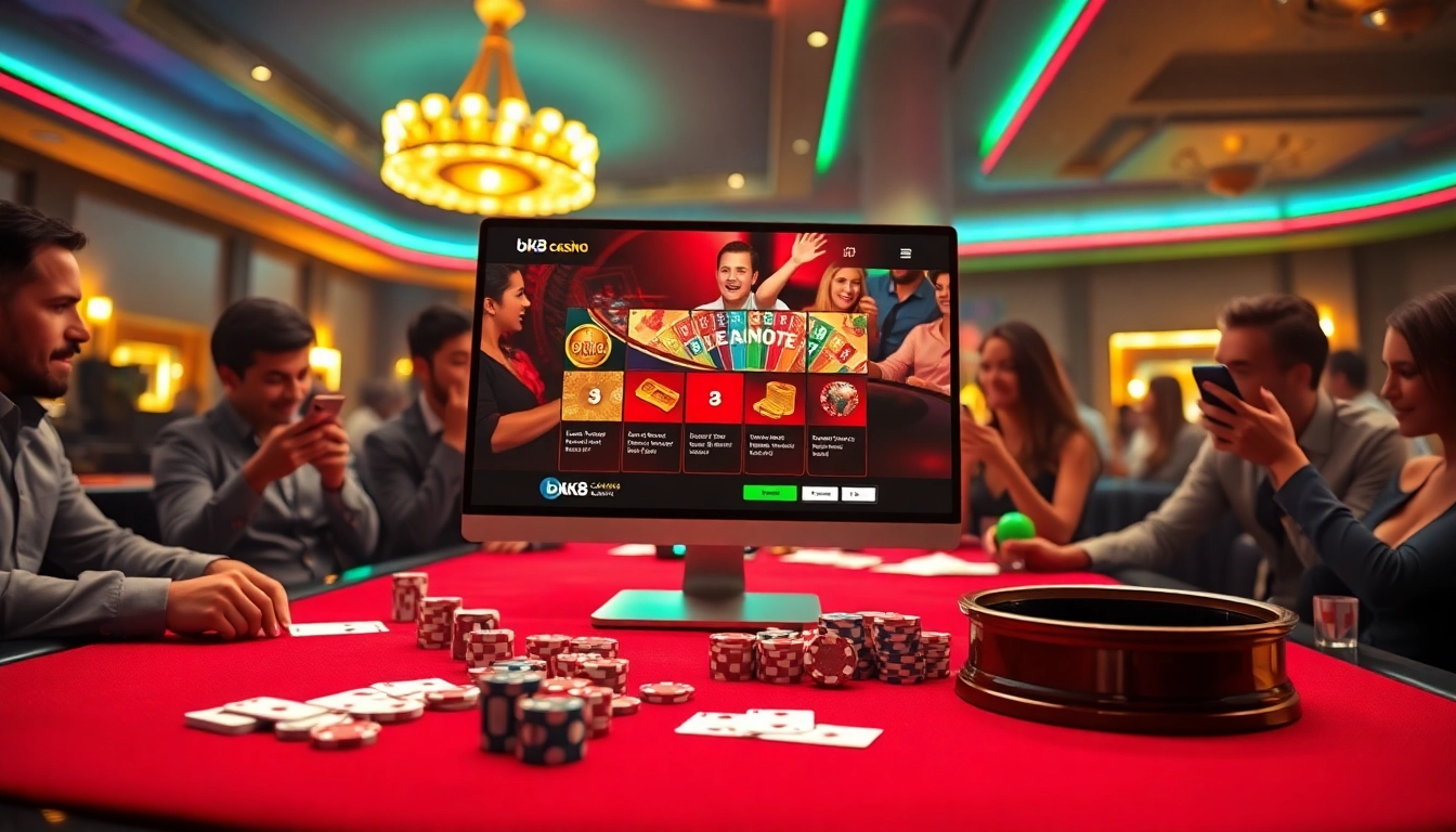 Experience the thrill of bk8 เครดิตฟรี online gaming with vibrant casino visuals and engaged players.