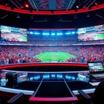 Dynamic scene of sports broadcasting studio showcasing live action and advanced technology.