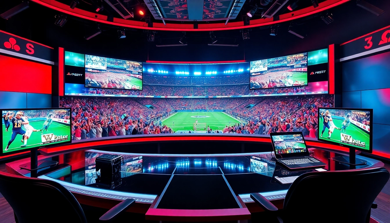 Dynamic scene of sports broadcasting studio showcasing live action and advanced technology.