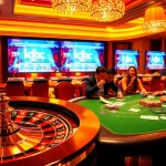 Engaged gamblers strategizing at a poker table beside a kjc website display in a luxurious casino.