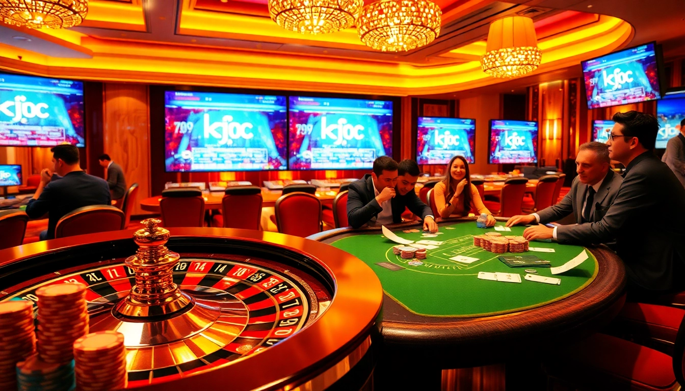 Engaged gamblers strategizing at a poker table beside a kjc website display in a luxurious casino.