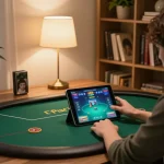 In a cozy setting, person strategizes while playing on KO66 lừa đảo? poker app, highlighting excitement and comfort of online gaming.