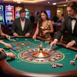 Engaging players around a roulette table at RR88 NAVY casino, showcasing vibrant gameplay and excitement.