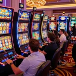 Pemain menikmati mesin link slot yang mendebarkan di suasana kasino yang ramai, menunjukkan kegembiraan dan keterlibatan.